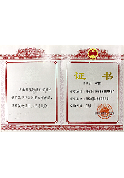 清远市清城区人民政府颁发的奖励证书，证书号07301，奖励等级三等奖，获奖项目为增强矿物纤维技术研究及推广，获奖单位清远市博尔纤维有限公司，二〇〇九年三月