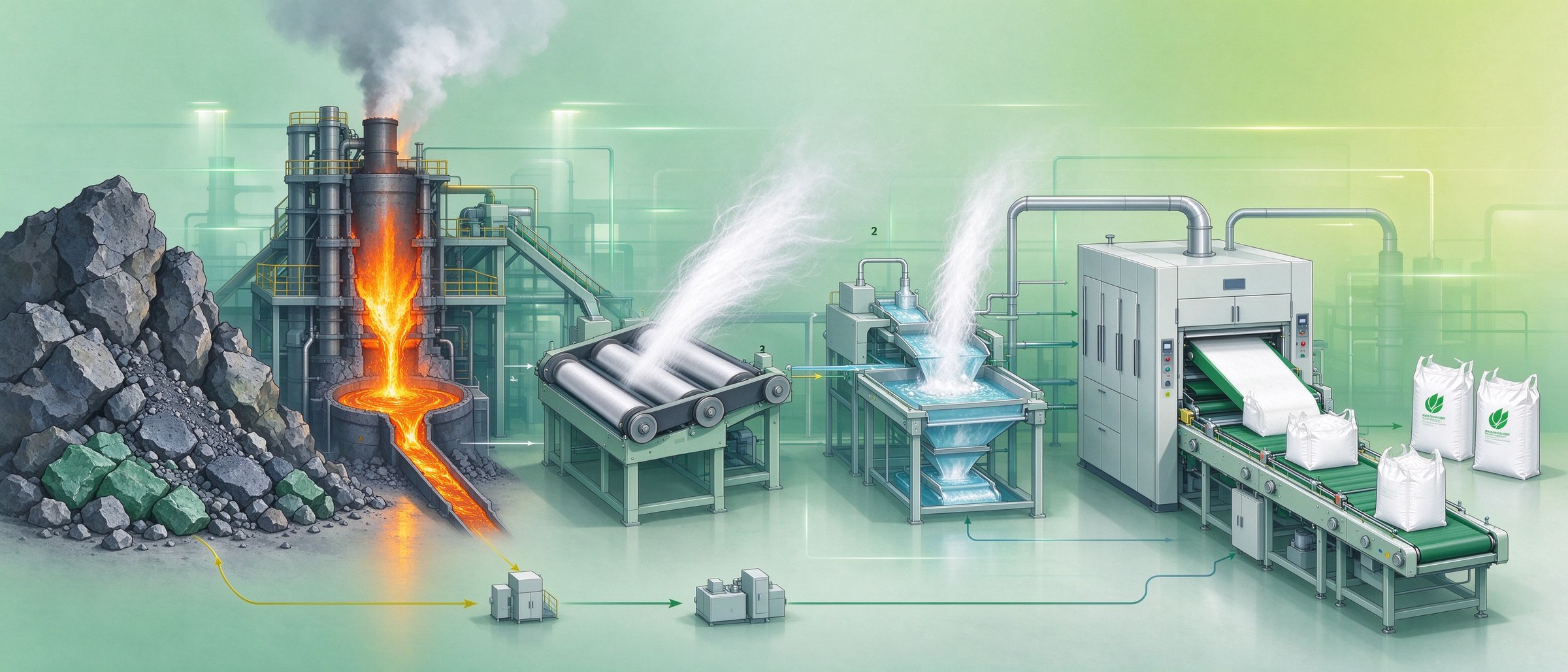 Boer wet-process manufacturing flow: diabase and basalt raw materials — weighing and charging — cupola furnace melting — melt launder — four-roll centrifugal spinner — settling chamber — hub collector — dispersion and opening — No.3 purification line (de-shotter / length setter / thickener) — drying oven — opening and weighing — packaging — finished goods warehouse